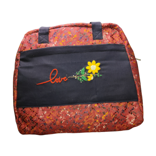Hand embroidered bag floral cotton tote with zip pocket by SavaliKraft