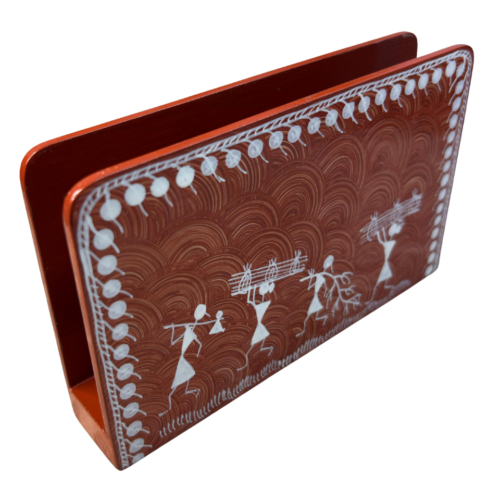 Handcrafted Warli painting rectangle wooden tissue holder with tribal art design