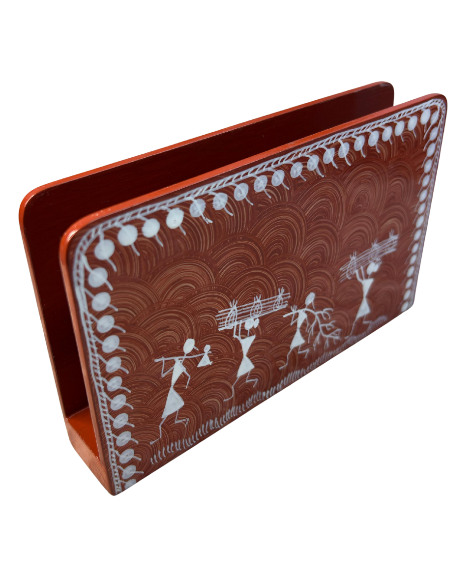 Warli Painting Rectangle Wooden Tissue Holder | Handcrafted Décor 1 Handcrafted Warli painting rectangle wooden tissue holder with tribal art design