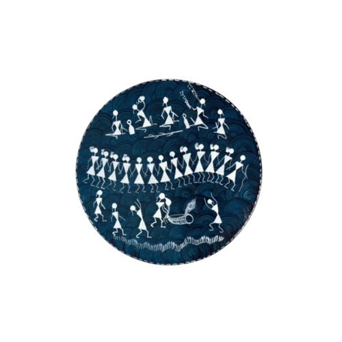 Handcrafted Warli Painting Wooden Hot Plate with tribal folk-art design