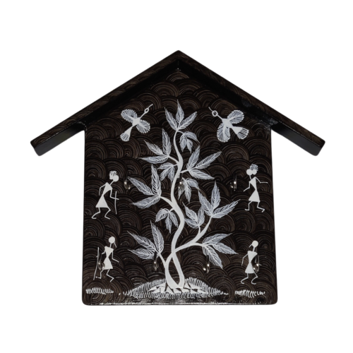 Handcrafted Warli painting wooden key holder with six hooks wall décor
