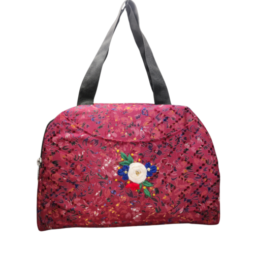 embroidered bag in pink cotton with floral hand embroidery