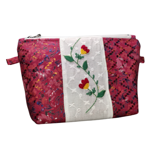 Floral cotton embroidery bags with 5 pockets and zip closure
