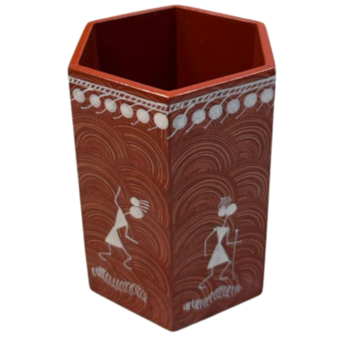 Handcrafted Warli Painting hexagon wooden pen stand with tribal art