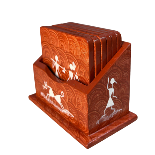 Handmade Warli Art wooden coaster set with tribal painting and matching stand