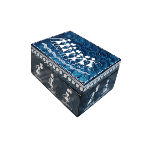 Handcrafted Warli painting wooden jewelry box with tribal art design