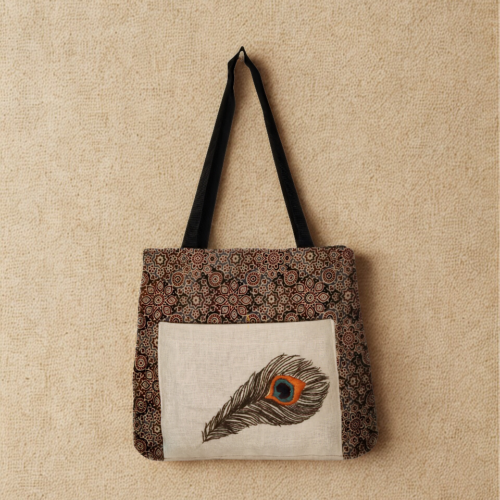 hand embroidered cotton tote bag with zipper pocket