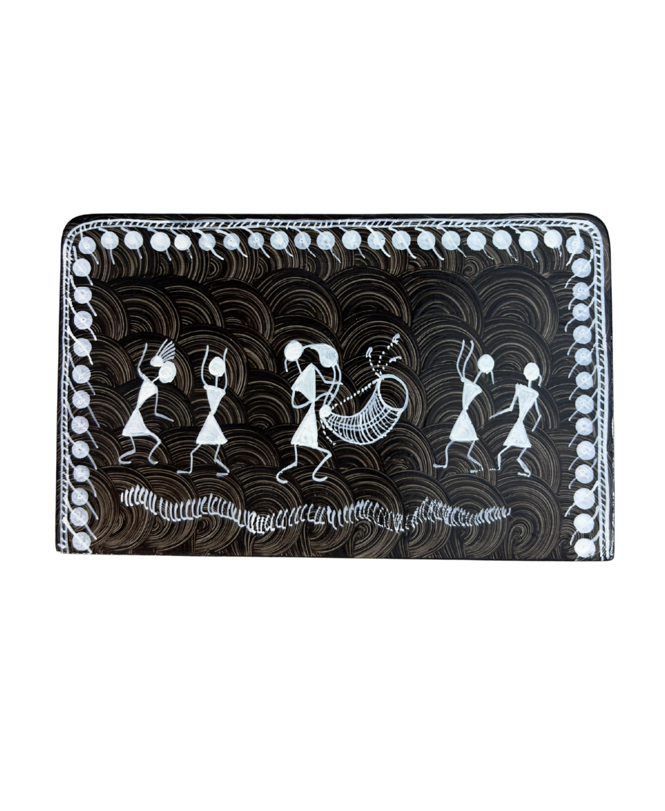 Warli Painting Rectangle Wooden Tissue Holder | Handcrafted Décor 3 Handcrafted Warli painting rectangle wooden tissue holder with tribal art design