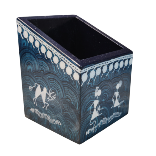 Handcrafted Warli painting wooden pen stand with tribal folk-art design