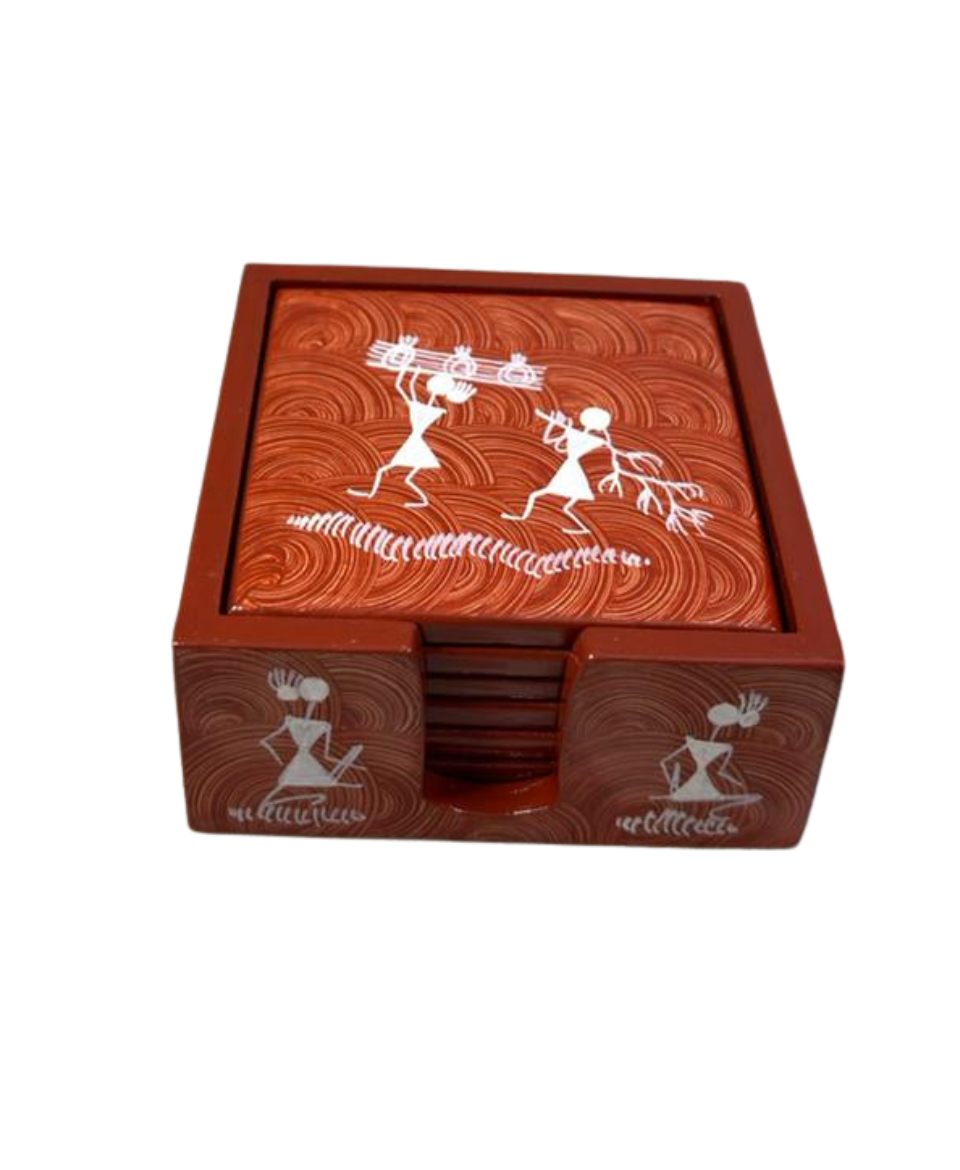 Handmade Warli Painting Coaster Set with Holder | SavaliKraft 1 Handmade Warli Art wooden coaster set with holder, tribal Warli painting Indian folk-art décor