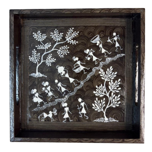 Handcrafted Warli painting wooden tea tray with tribal folk-art design