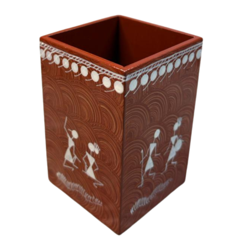 Handcrafted Warli Painting wooden pen stand with tribal folk-art design